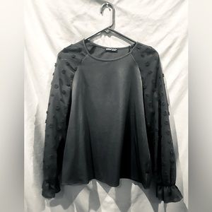 Black dress shirt with sheer black polka dot sleeves, SHEIN, Size L